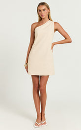 Mardelle Mini Dress - Linen One Shoulder Shift Dress in Neutral